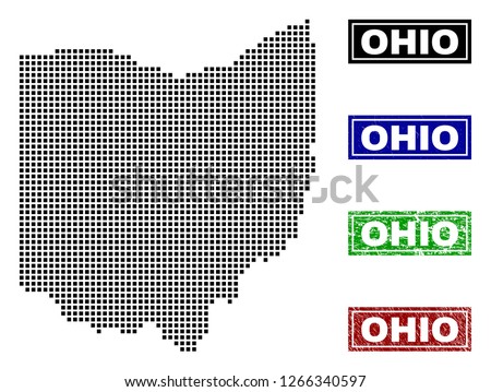 Dot vector abstracted Ohio State map and isolated clean black, grunge red, blue, green stamp seals. Ohio State map label inside rough framed rectangles and with grunge rubber texture.