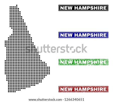Dot vector abstract New Hampshire State map and isolated clean black, grunge red, blue, green stamp seals. New Hampshire State map name inside rough framed rectangles and with grunge rubber texture.