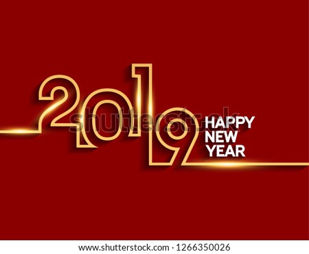 Happy new year 2019. Vector illustration design with line style golden color on red background