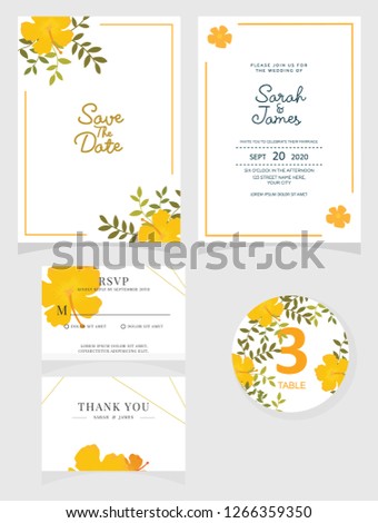 wedding invitation card template Vector illustration. Set of card with flower rose  leaves.
