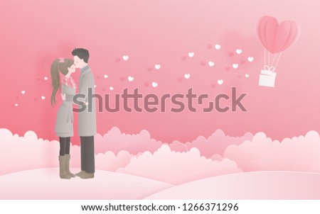 Lovely couple for Valentine's card with love concept in sweet paper cut style vector illustration.