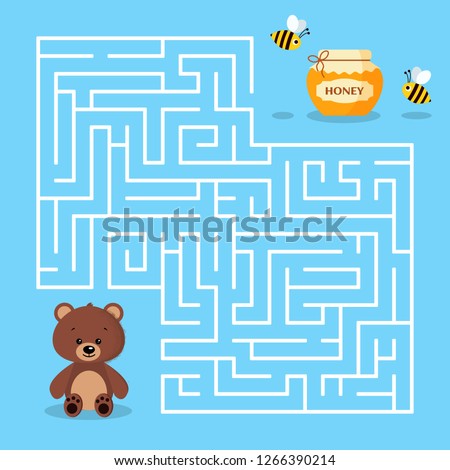 Maze game for the  preschool children with a labyrinth. Cartoon cute brown bear jar of honey and bees. Bear is looking for honey. Vector illustration.