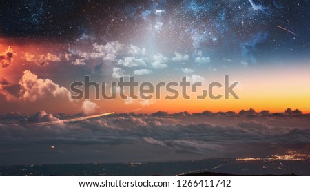 Futuristic photo landscape with trails of spaceships and sky full of stars