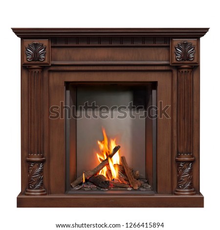 Classic burning gas fireplace isolated on white background.
