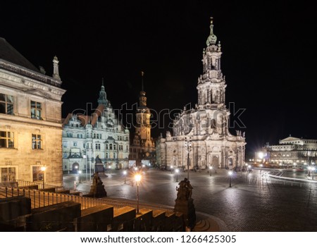 Postcard of night Dresden with yellow illumination and amazing ancient buildings, Germany