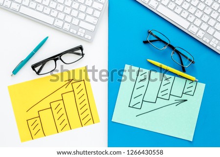 Workplace with business strategy for development. Business competition. White office background top view