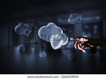 Close of businessman hand touching glass cloud computing concept. Mixed media