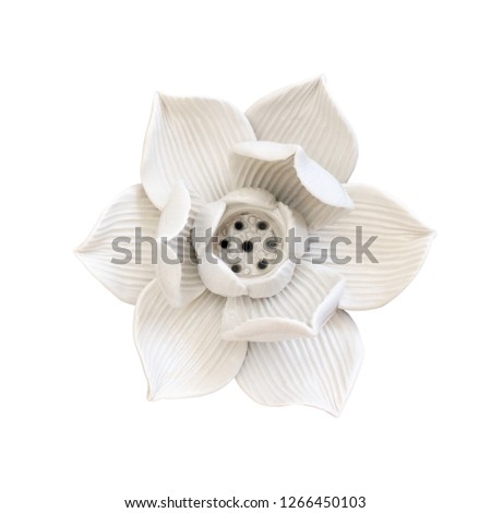 beautiful ceramic flower white color for home spa shop decoration, isolated 3d pottery blooming lotus shape, luxury earthenware bloomed white flower on white background, artificial cray flower Royalty-Free Stock Photo #1266450103