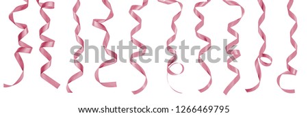 Rose gold pink satin bow ribbon confetti scroll set isolated on white background with clipping path for Christmas and wedding card design decoration element