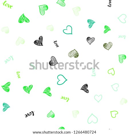 Light Blue, Green vector seamless backdrop with phrase LOVE YOU, hearts. Design in doodle style with text LOVE YOU, hearts. Design for textile, fabric, wallpapers.