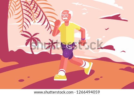 Grandpa at sports suit running at seaside. Cartoon grandfather wearing in shorts and shirt runs at palms and sunset background vector illustration. Healthy lifestyle and healthcare flat concept