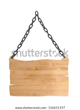 close up of an empty wooden sign and chain on white background