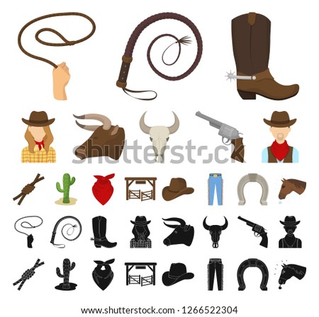 Rodeo, competition cartoon, black icons in set collection for design. Cowboy and equipment vector symbol stock web illustration.