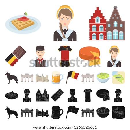 Country Belgium cartoon, black icons in set collection for design.Travel and attractions Belgium vector symbol stock web illustration.