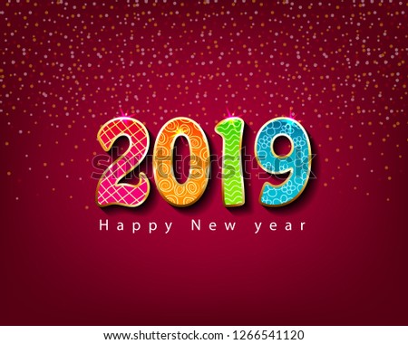 colorful new year text 2019 with maroon  background