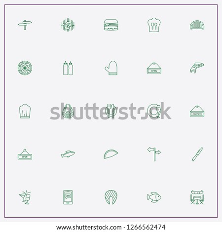 icon set about restaurant with open signboard, pizza and closed sign