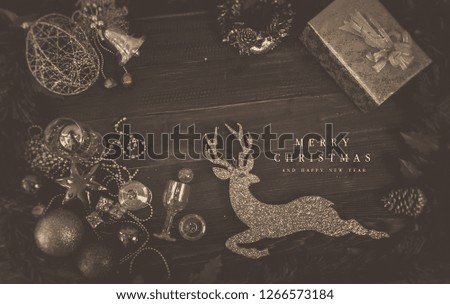 Christmas  frame  decorations on wooden table Top view, Flat lay with copy space. Christmas decorations and objects Christmas fir tree branches