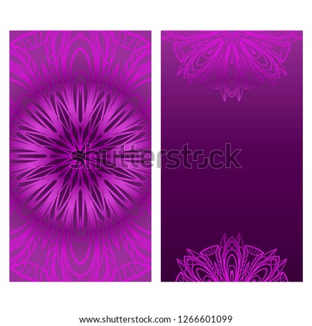 Set of Design Vintage Cards With Floral Mandala Pattern And Ornaments. Vector Template. Purple color. Islam, Arabic, Indian, Mexican Ottoman Motifs. Hand Drawn Background