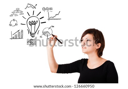 Young business woman drawing light bulb with various diagrams and charts on whiteboard isolated on white