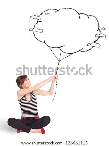Pretty young lady holding cloud balloon drawing