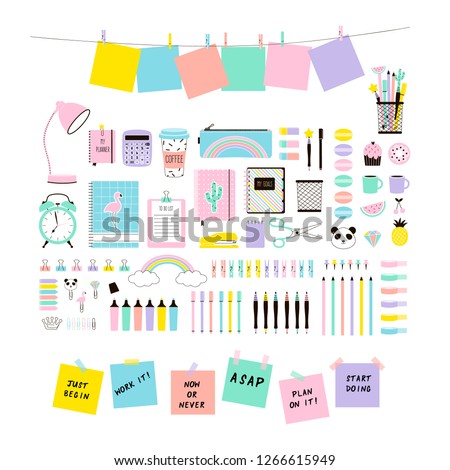 pastel colours cute Office Stationery and School Supplies set, Flat Vector Graphics, Planner clip art, back to school design. Isolated on white.
