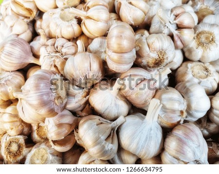 Close up of the garlic in a basket that is being sold in the market.Dried garlic in a basket that is arranged in an orderly manner.