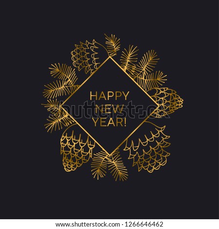 Pine cone Xmas and New Year banner template with gold and black colors. Hand drawn elegant natural cones for winter celebration, invitation, cards