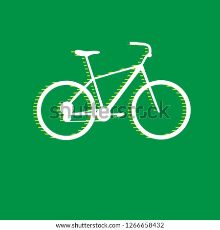 Bicycle, Bike sign. Vector. White flat icon with yellow striped shadow at green background.