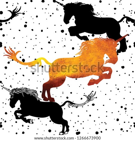 Seamless pattern with unicorns. Unicorn horse with a beard and a long tail. Heraldic pattern, medieval classic pattern.
