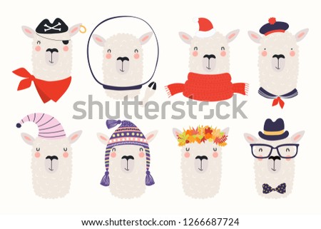 Big set of cute funny different llamas in hats and glasses. Isolated objects on white background. Hand drawn vector illustration. Scandinavian style flat design. Concept for children print.