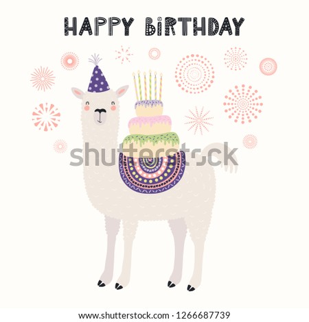 Hand drawn card with cute llama in a party hat, carrying cake with candles, fireworks, text Happy birthday. Vector illustration. Scandinavian style flat design. Concept for invite, children print.
