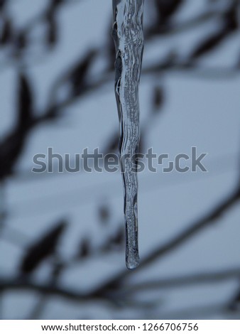 Winter icicles hang from the roof of the building