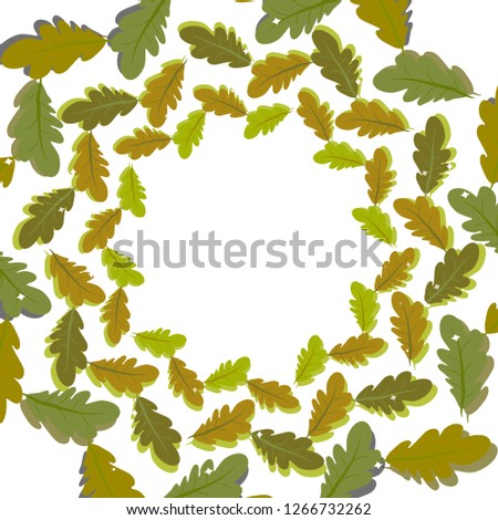 Multicolored oak leaves in a circle on a white background. The composition of the leaves in a circle with an empty space in the middle on the speech therapist.