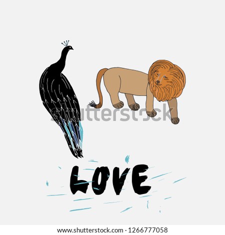 Peacock and Lion character illustration for card, banner, template, web. Love hand written note. - Vector