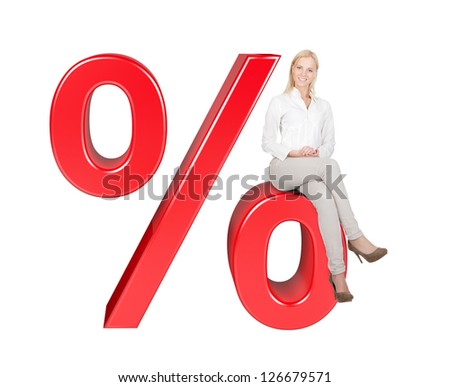 Woman Sitting On % Sale Sign. Isolated On White Background