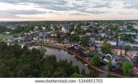 Beautiful view from above of city Porvoo at sunset. Summer day. FInland