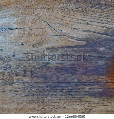 Old shabby wooden board with traces of paint. Tree rings and knots are visible.