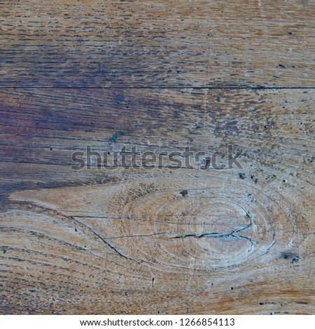 Old shabby wooden board with traces of paint. Tree rings and knots are visible.
