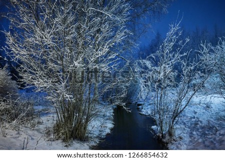 Frozen creek in peaceful winter night  scene under beautiful blue sky. Snow cowered trees in very cold weather in Finland.