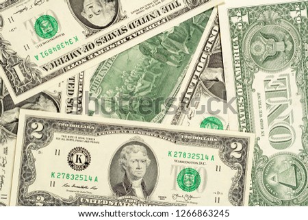 One and two dollars banknotes background front and back, high resolution photo close up macro.
