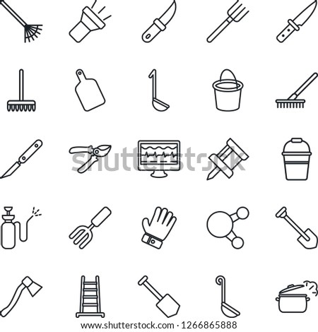 Thin Line Icon Set - job vector, garden fork, farm, rake, ladder, bucket, pruner, glove, knife, axe, sprayer, monitor pulse, scalpel, share, torch, drawing pin, ladle, cutting board, steaming pan