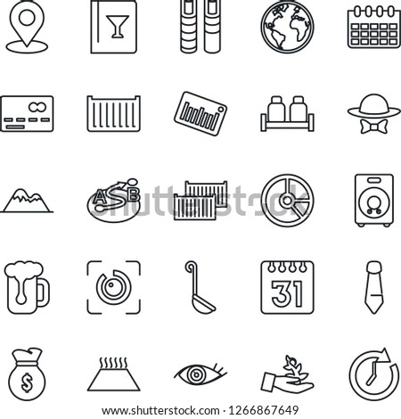 Thin Line Icon Set - credit card vector, tie, calendar, circle chart, eye, earth, cargo container, barcode, route, speaker, place tag, id, book, mountains, wine, beer, salt and pepper, dress code