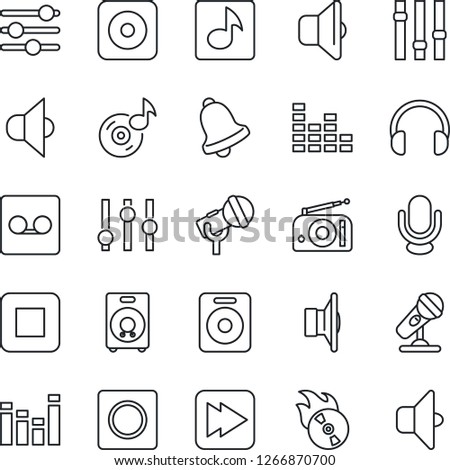 Thin Line Icon Set - flame disk vector, microphone, radio, speaker, settings, equalizer, headphones, stop button, fast forward, rec, tuning, bell, record, music, sound