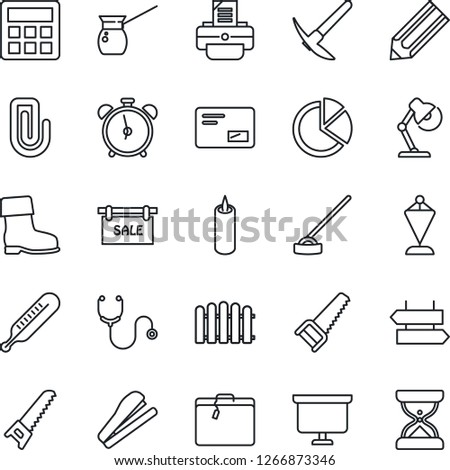 Thin Line Icon Set - suitcase vector, alarm clock, signpost, pennant, presentation board, pencil, printer, fence, boot, saw, hoe, stethoscope, thermometer, mail, calculator, paper clip, pie graph