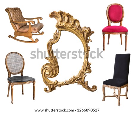 Four magnificent vintage armchairs and a frame isolated on white background