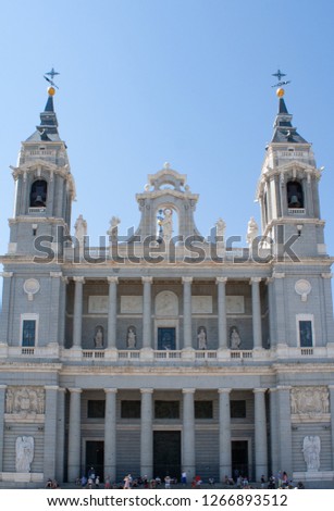 Main facade of Santa Maria la Real de La Almudena Cathedral, Madrid, Spain 