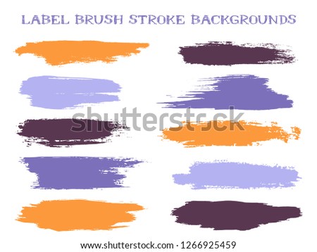Simple label brush stroke backgrounds, paint or ink smudges vector for tags and stamps design. Painted label backgrounds patch. Vector ink traces, color combinations. Ink smudges, stains, orange spots
