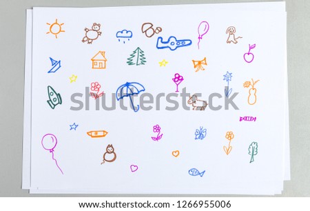 Kid doodle set of different colorful outline animals, flowers and elements isolated on white background - cute collection of felt-tip pen child drawing.