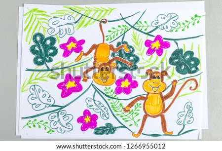 Kid drawing of cute monkeys on plants isolated on white background - child scribble doodle of funny apes in jungle or zoo park. Colorful felt-tip pen artwork with wild animals in nature.