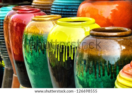 Colored jars Colored jars design handicraft design object design object design retro design interiors design decoration design Royalty-Free Stock Photo #126698555